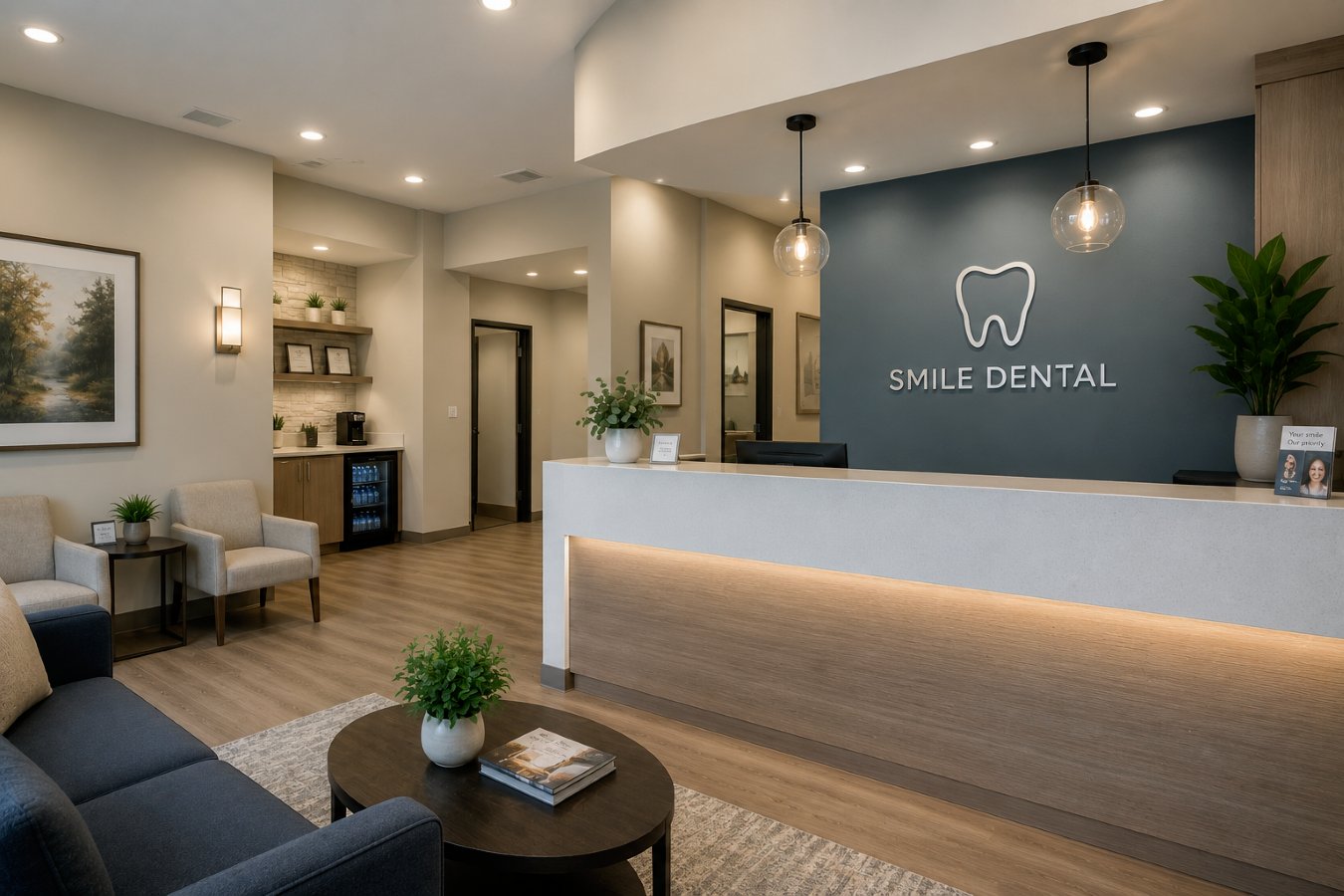 Newly constructed Dallas-Fort Worth dental office interior featuring a patient reception desk, waiting area, and modern dental facility design.
