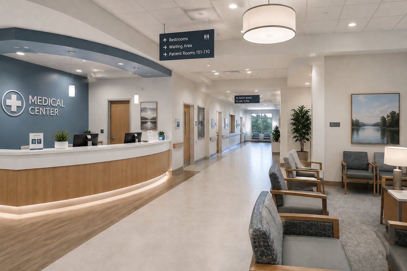 Newly constructed Dallas-Fort Worth medical center interior featuring a patient reception desk, waiting area, and modern healthcare facility design.