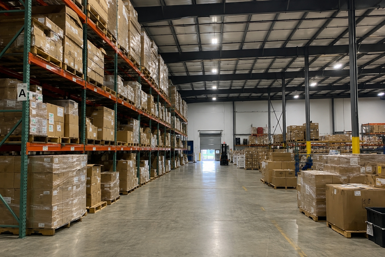 Modern industrial warehouse facility with high-bay pallet racking and inventory storage in the Dallas-Fort Worth, TX area, showcasing large-scale warehouse construction and distribution center development.